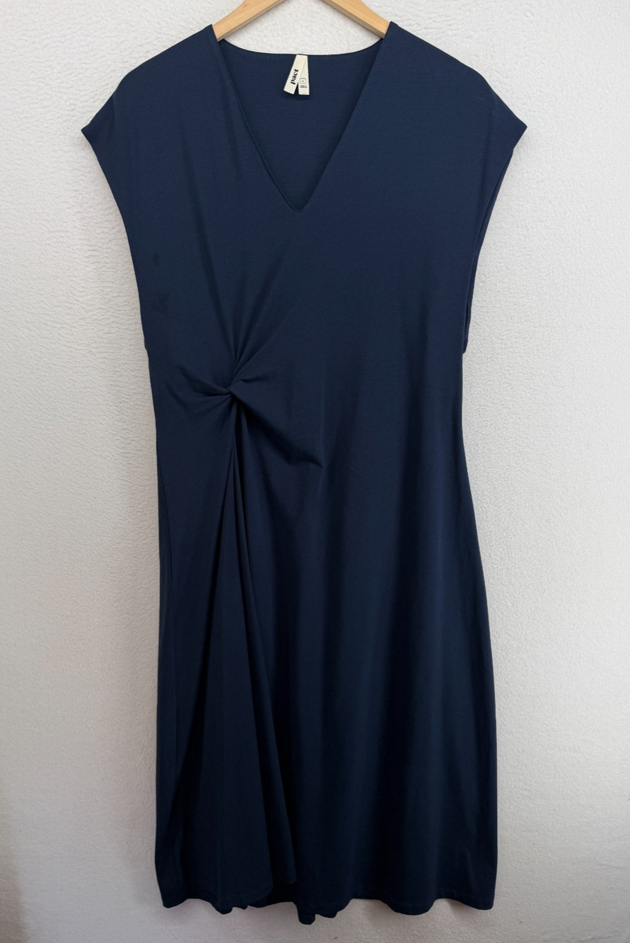 PACT Dress L Fit & Flare V-Neck Twist Midi Stretch Jersey Organic Cotton Blue